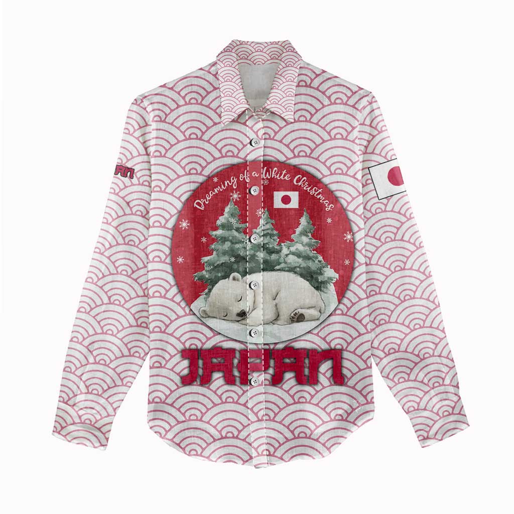 Japan Christmas Women Casual Shirt with Sleeping Polar Bear Pine Trees and Chrysanthemum Crest Pattern - Wonder Print Shop