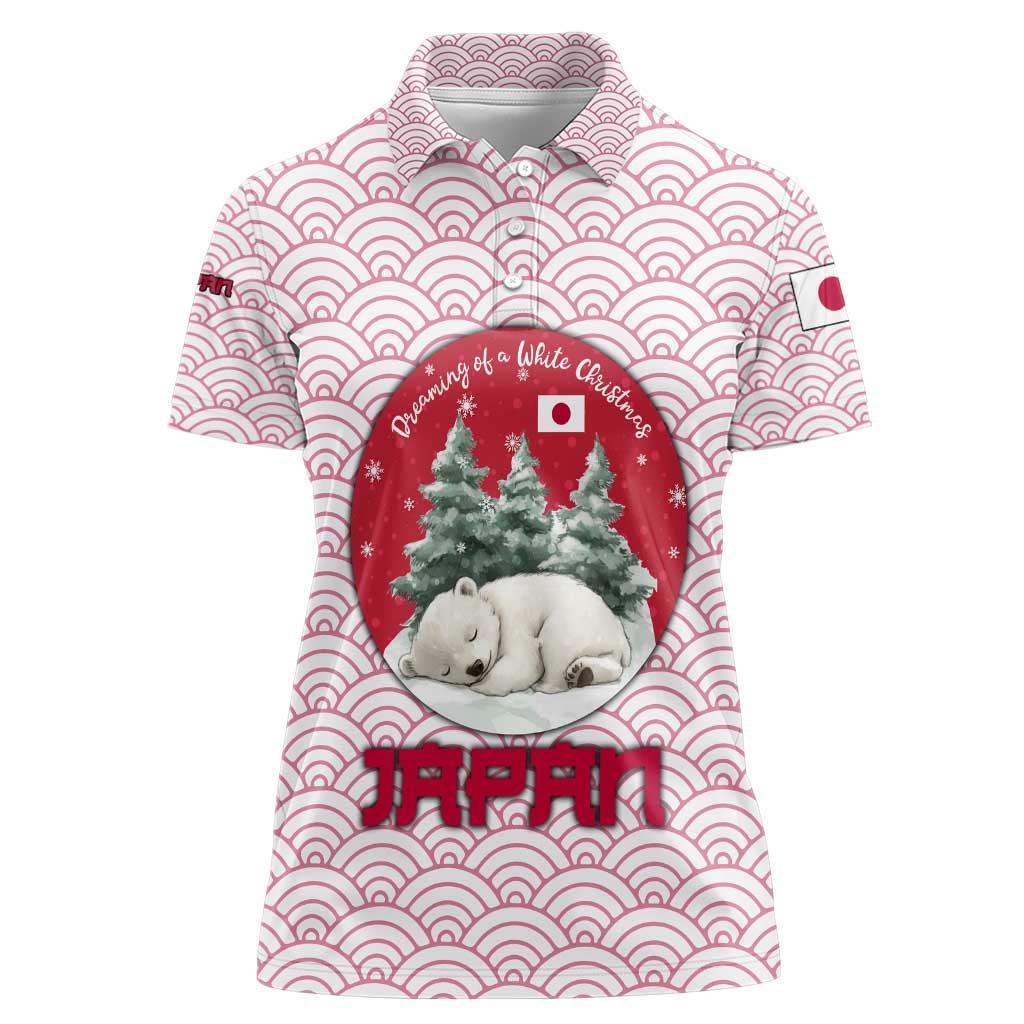 Japan Christmas Women Polo Shirt with Sleeping Polar Bear Pine Trees and Chrysanthemum Crest Pattern - Wonder Print Shop