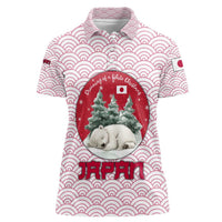 Japan Christmas Women Polo Shirt with Sleeping Polar Bear Pine Trees and Chrysanthemum Crest Pattern - Wonder Print Shop