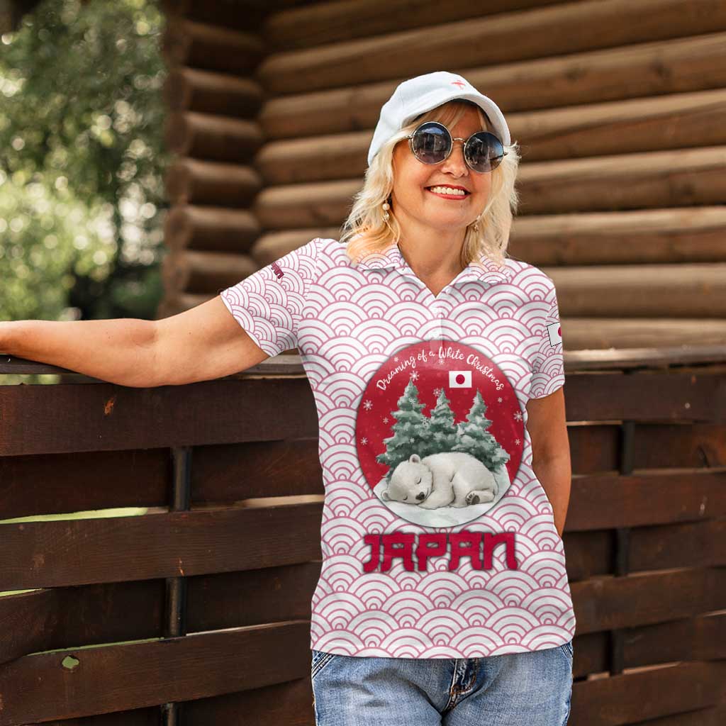 Japan Christmas Women Polo Shirt with Sleeping Polar Bear Pine Trees and Chrysanthemum Crest Pattern - Wonder Print Shop