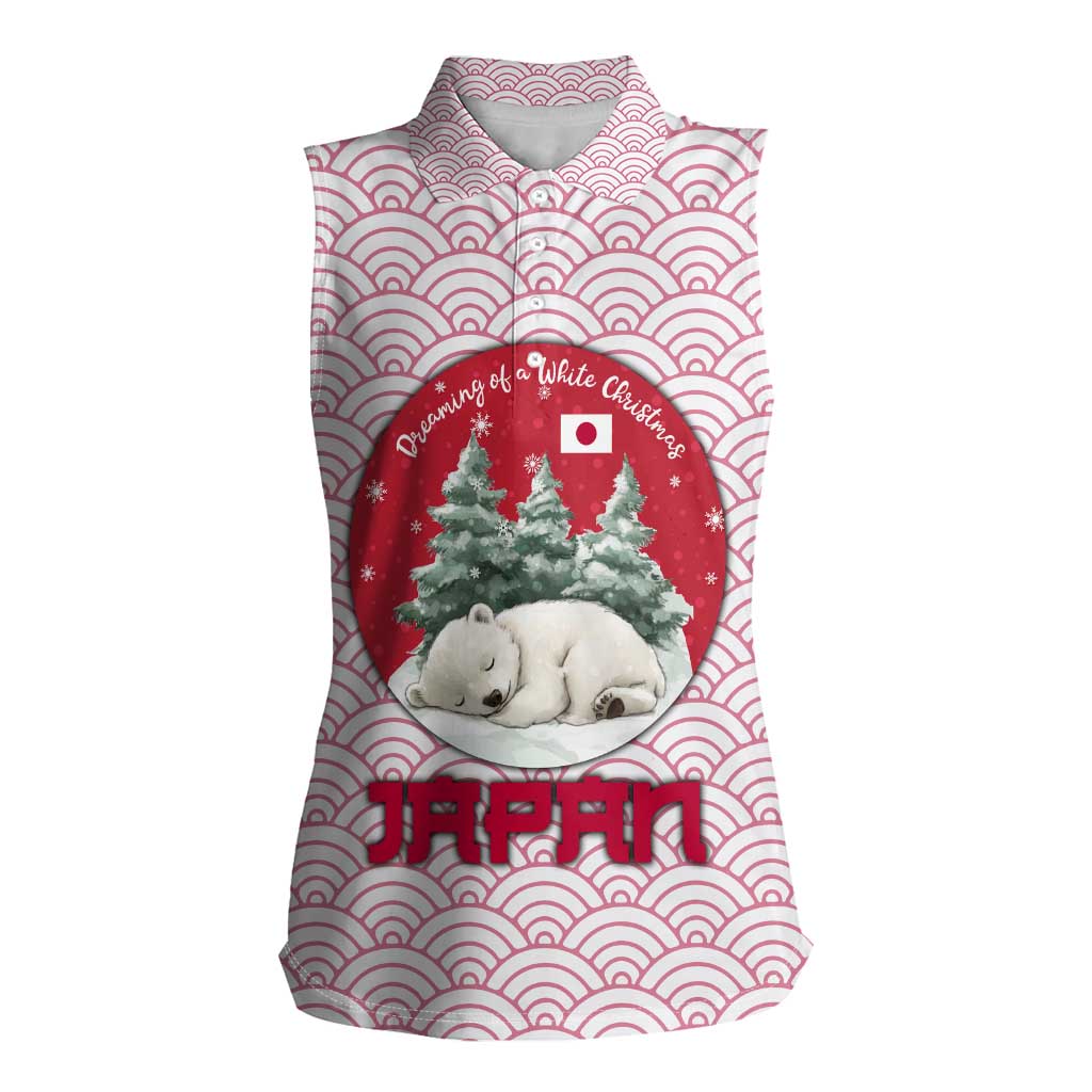 Japan Christmas Women Sleeveless Polo Shirt with Sleeping Polar Bear Pine Trees and Chrysanthemum Crest Pattern - Wonder Print Shop