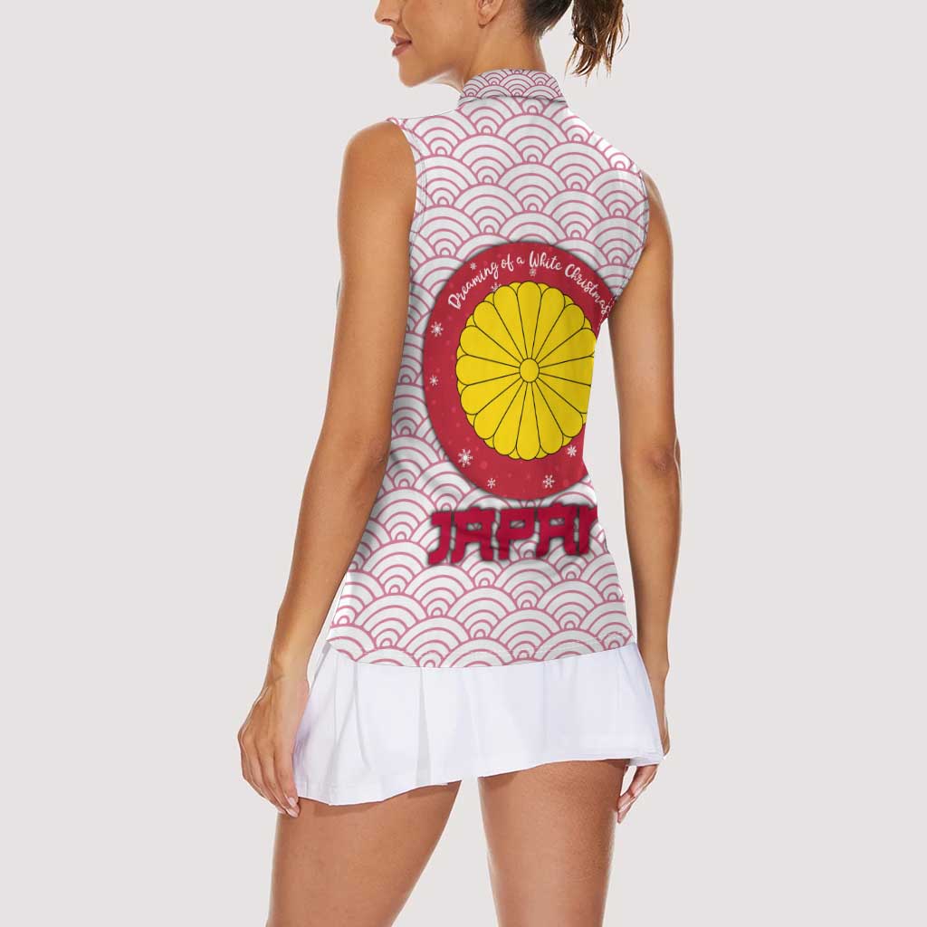 Japan Christmas Women Sleeveless Polo Shirt with Sleeping Polar Bear Pine Trees and Chrysanthemum Crest Pattern - Wonder Print Shop