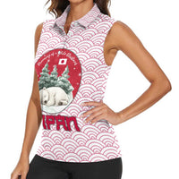 Japan Christmas Women Sleeveless Polo Shirt with Sleeping Polar Bear Pine Trees and Chrysanthemum Crest Pattern - Wonder Print Shop