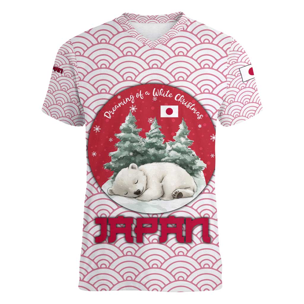 Japan Christmas Women V-Neck T-Shirt with Sleeping Polar Bear Pine Trees and Chrysanthemum Crest Pattern - Wonder Print Shop