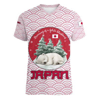 Japan Christmas Women V-Neck T-Shirt with Sleeping Polar Bear Pine Trees and Chrysanthemum Crest Pattern - Wonder Print Shop