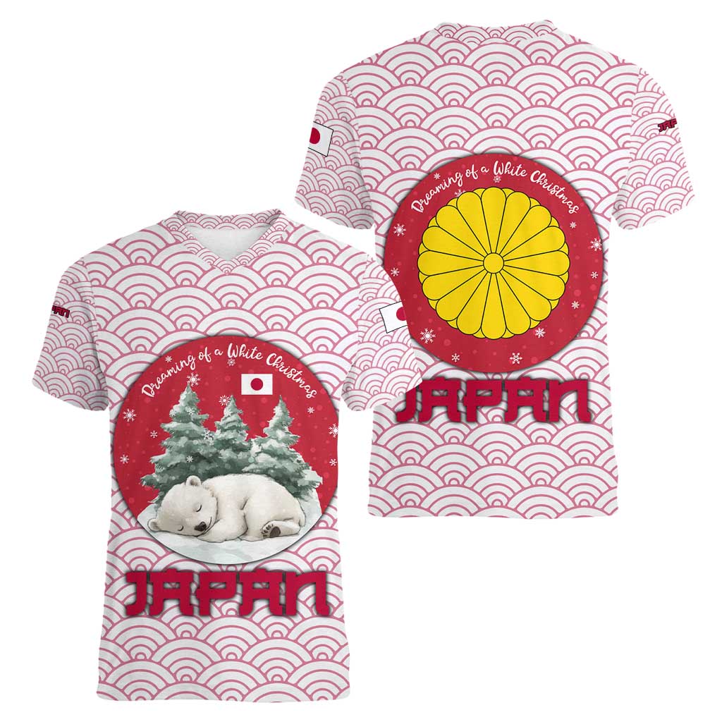 Japan Christmas Women V-Neck T-Shirt with Sleeping Polar Bear Pine Trees and Chrysanthemum Crest Pattern - Wonder Print Shop