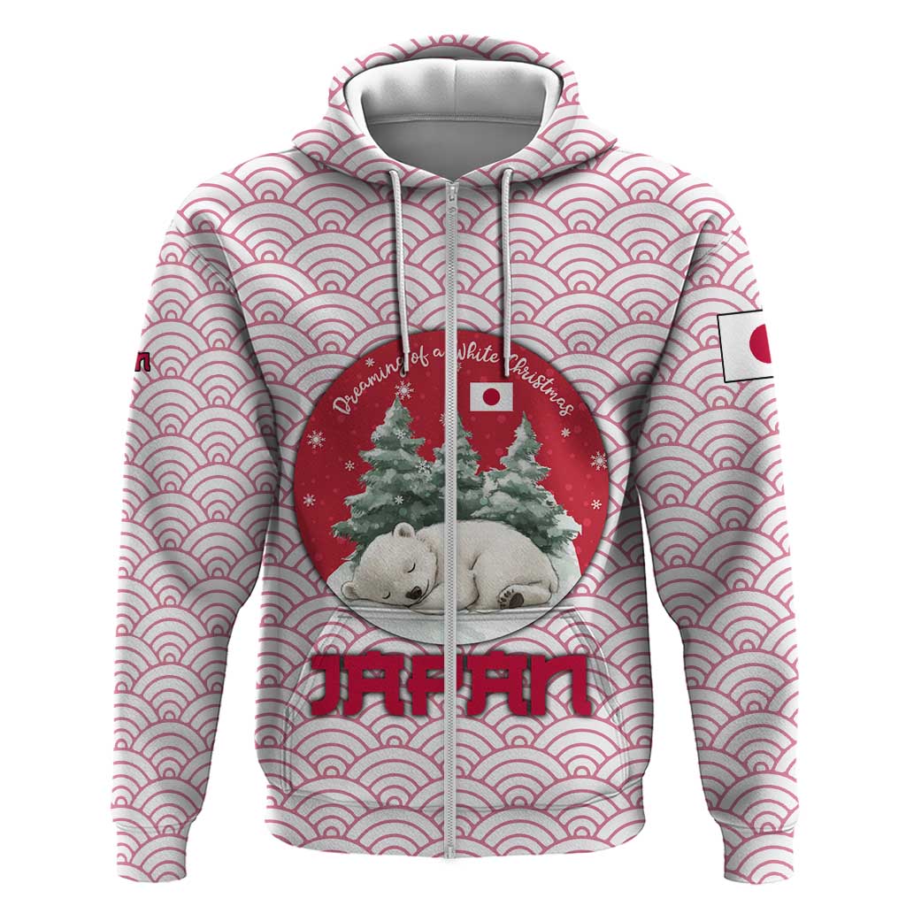 Japan Christmas Zip Hoodie with Sleeping Polar Bear Pine Trees and Chrysanthemum Crest Pattern - Wonder Print Shop