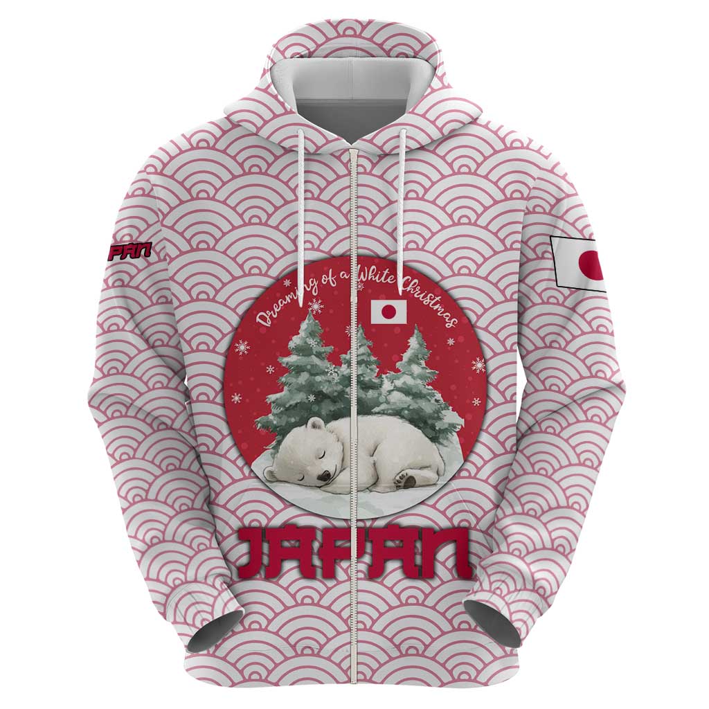 Japan Christmas Zip Hoodie with Sleeping Polar Bear Pine Trees and Chrysanthemum Crest Pattern - Wonder Print Shop