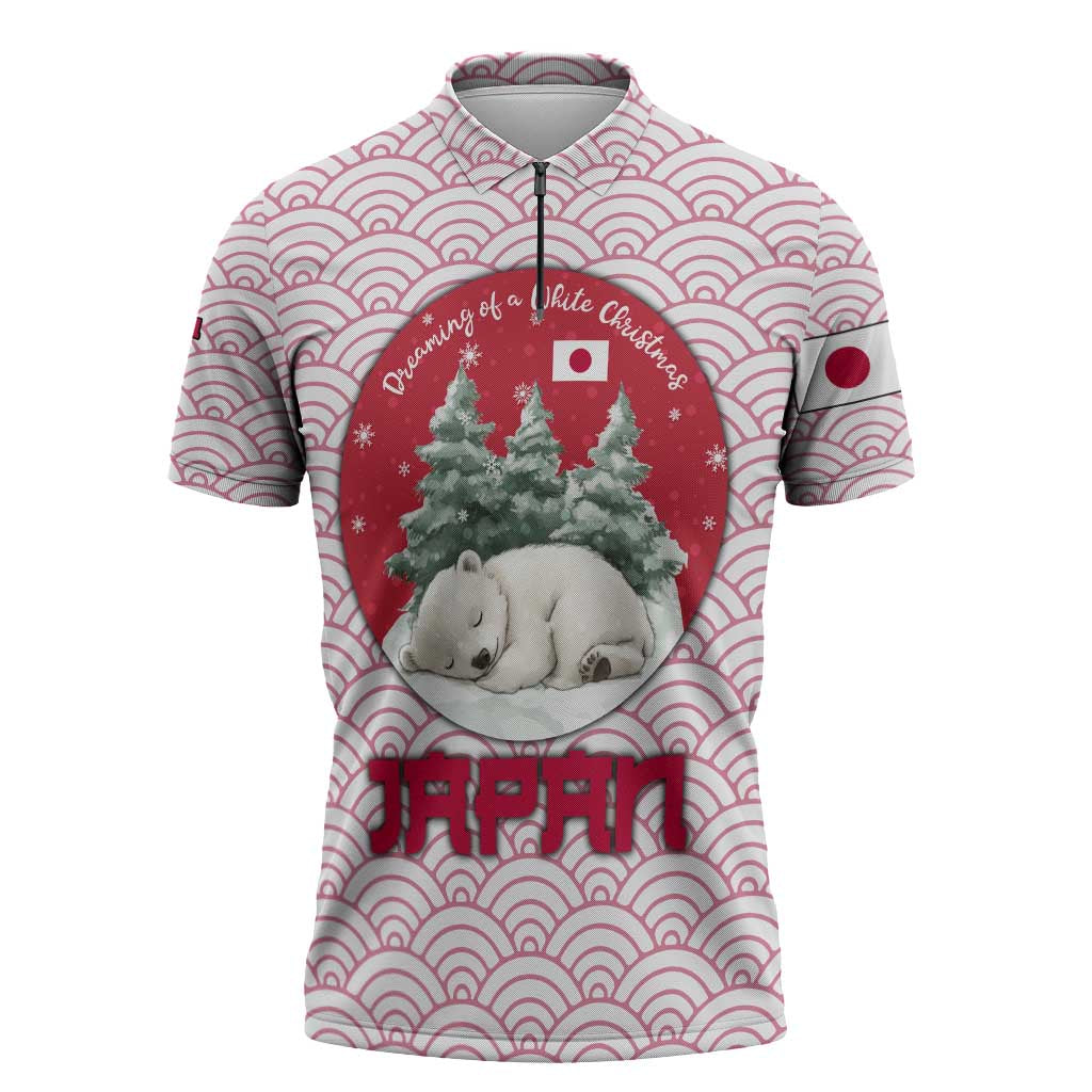 Japan Christmas Zipper Polo Shirt with Sleeping Polar Bear Pine Trees and Chrysanthemum Crest Pattern - Wonder Print Shop