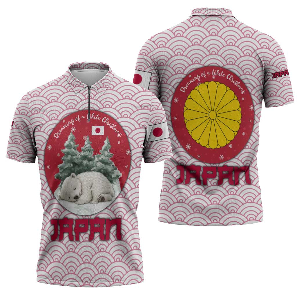 Japan Christmas Zipper Polo Shirt with Sleeping Polar Bear Pine Trees and Chrysanthemum Crest Pattern - Wonder Print Shop