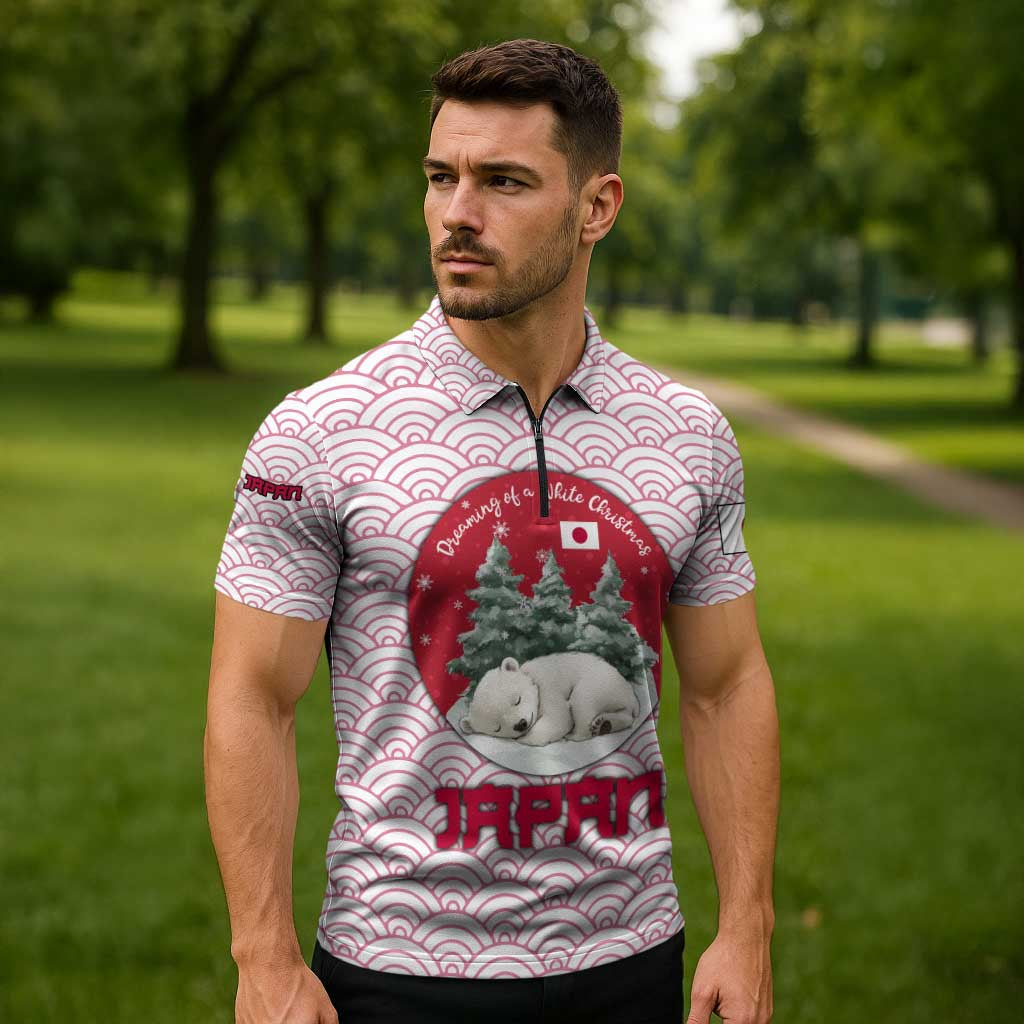 Japan Christmas Zipper Polo Shirt with Sleeping Polar Bear Pine Trees and Chrysanthemum Crest Pattern - Wonder Print Shop