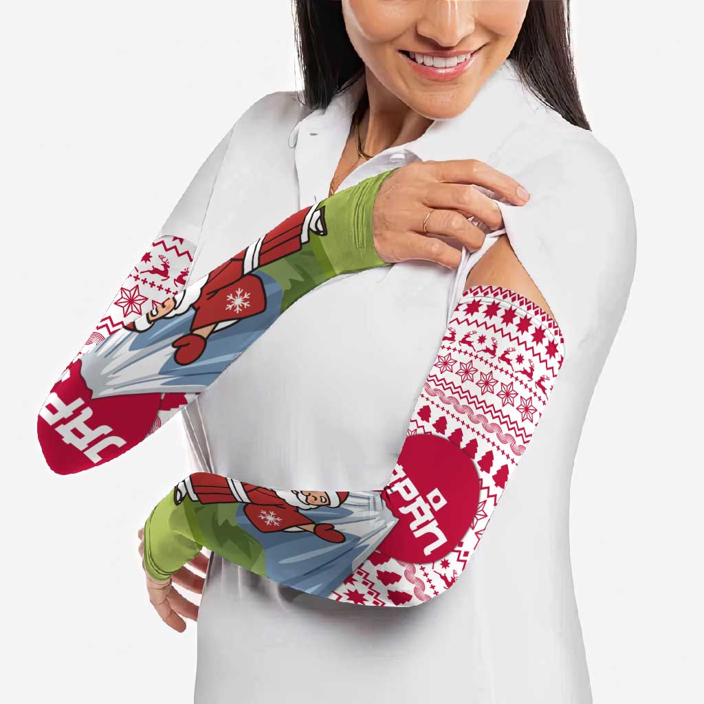 Japan Christmas Arm Sleeves with Santa Mount Fuji Rising Sun and Festive Pattern Design - Wonder Print Shop