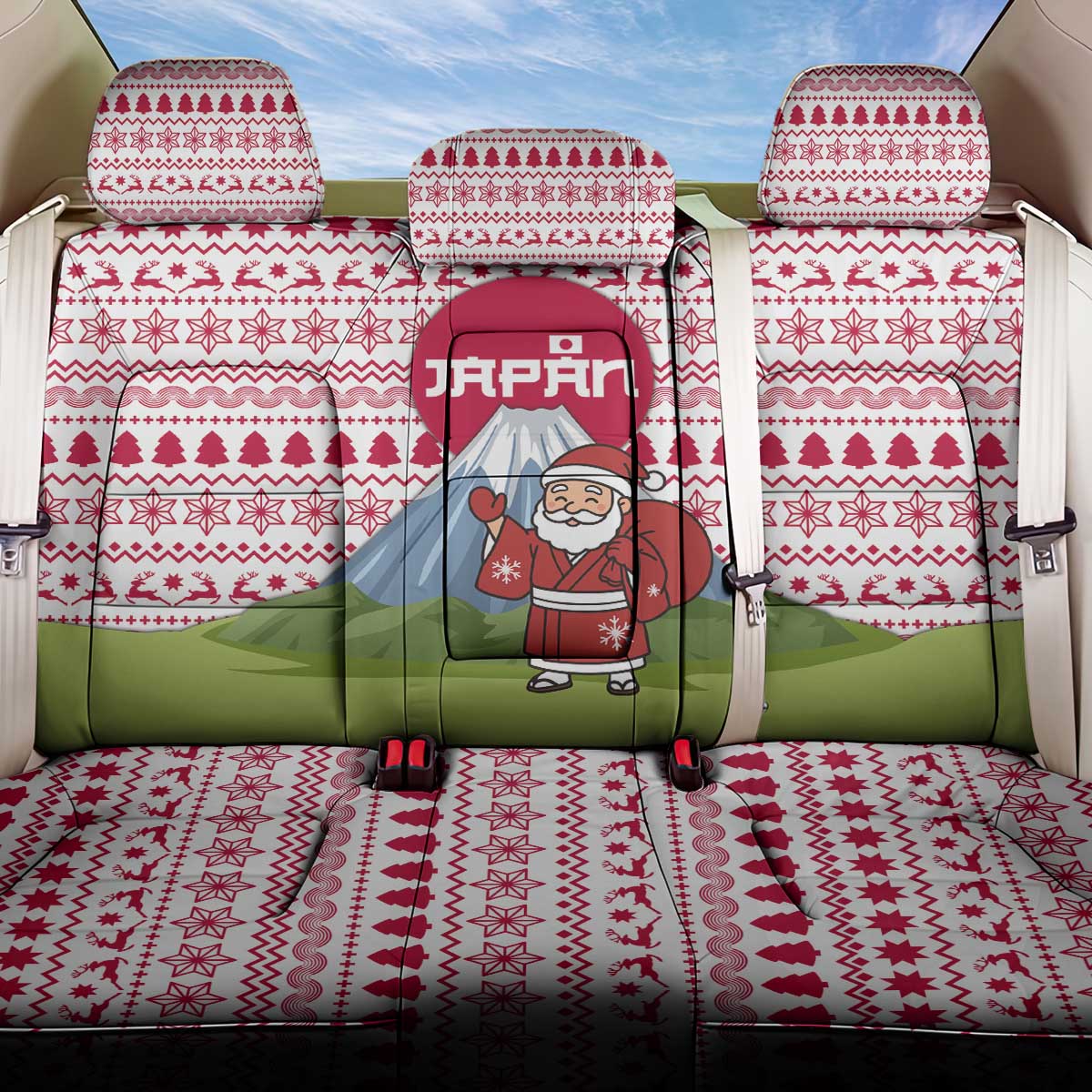 Japan Christmas Back Car Seat Cover with Santa Mount Fuji Rising Sun and Festive Pattern Design - Wonder Print Shop