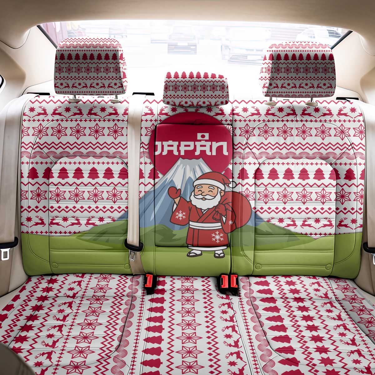 Japan Christmas Back Car Seat Cover with Santa Mount Fuji Rising Sun and Festive Pattern Design - Wonder Print Shop