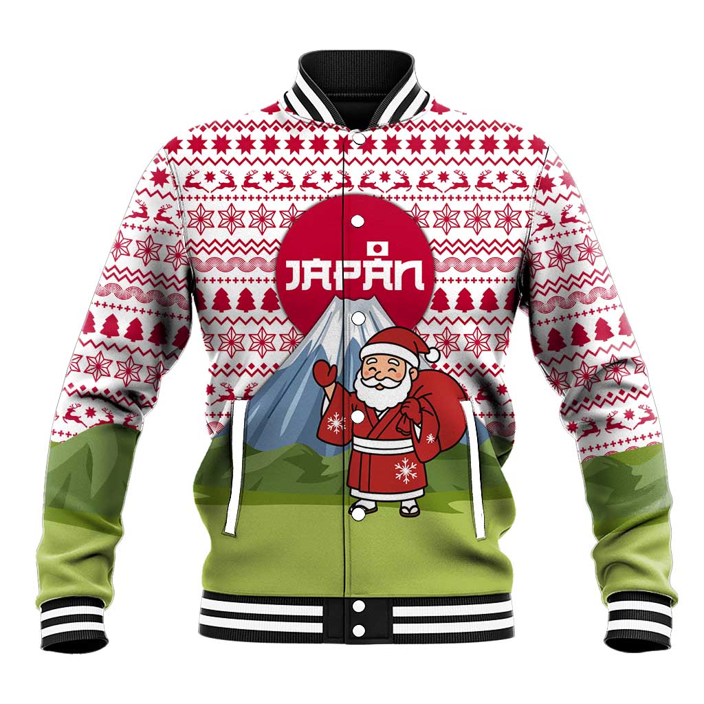Japan Christmas Baseball Jacket with Santa Mount Fuji Rising Sun and Festive Pattern Design - Wonder Print Shop