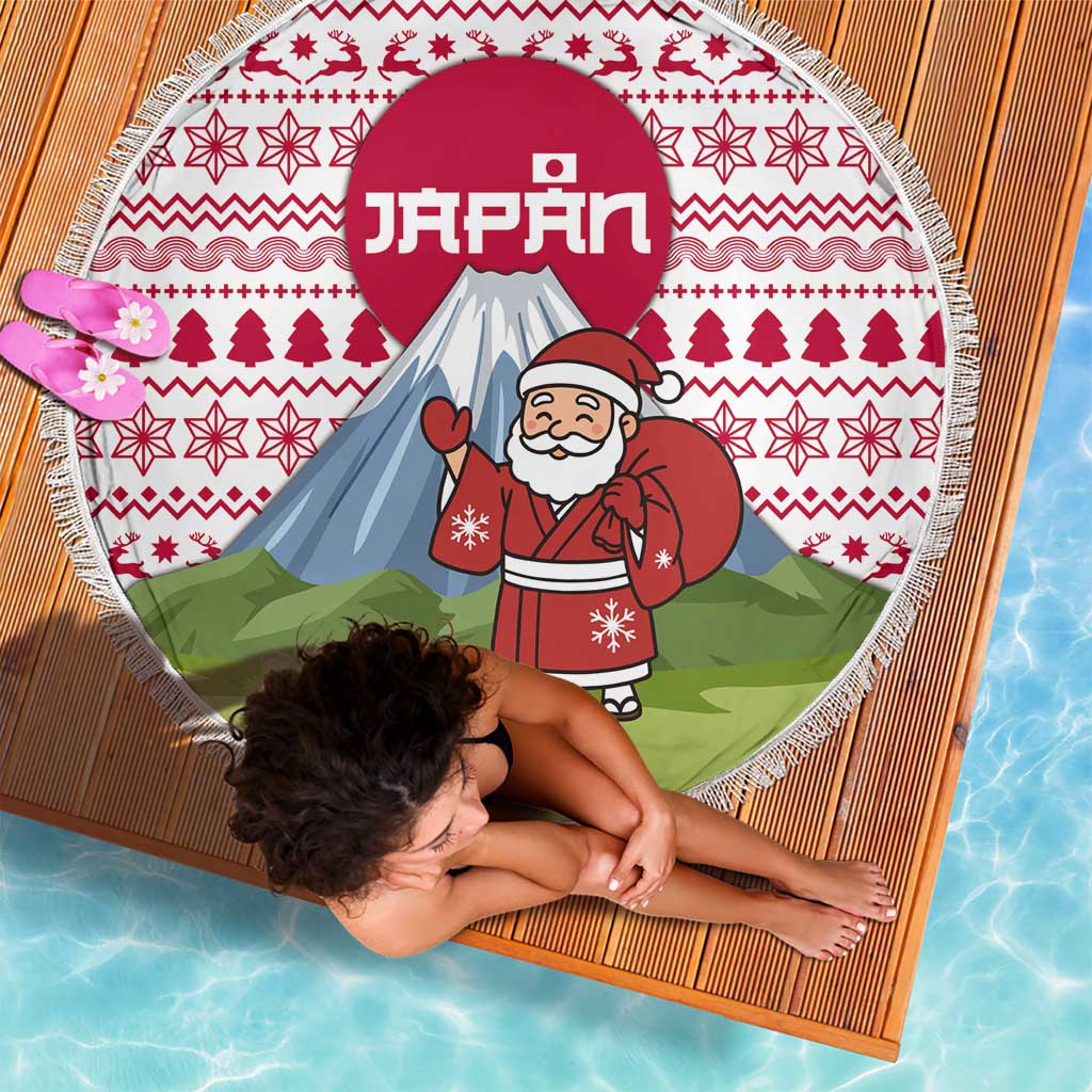 Japan Christmas Beach Blanket with Santa Mount Fuji Rising Sun and Festive Pattern Design - Wonder Print Shop