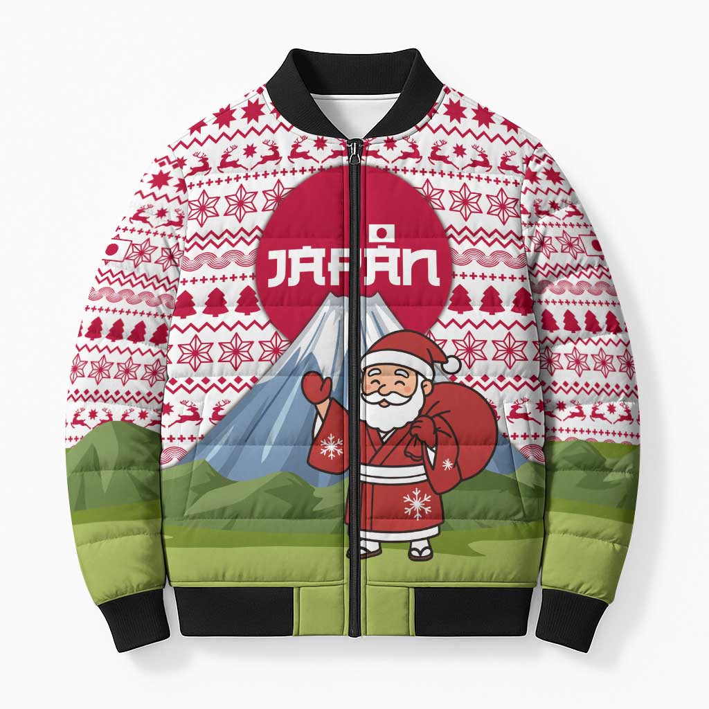Japan Christmas Bomber Puffer Jacket with Santa Mount Fuji Rising Sun and Festive Pattern Design - Wonder Print Shop