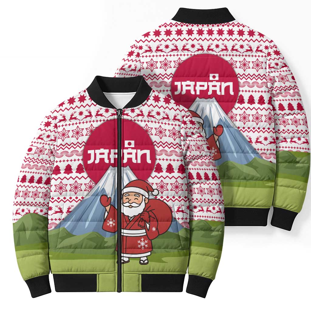 Japan Christmas Bomber Puffer Jacket with Santa Mount Fuji Rising Sun and Festive Pattern Design - Wonder Print Shop
