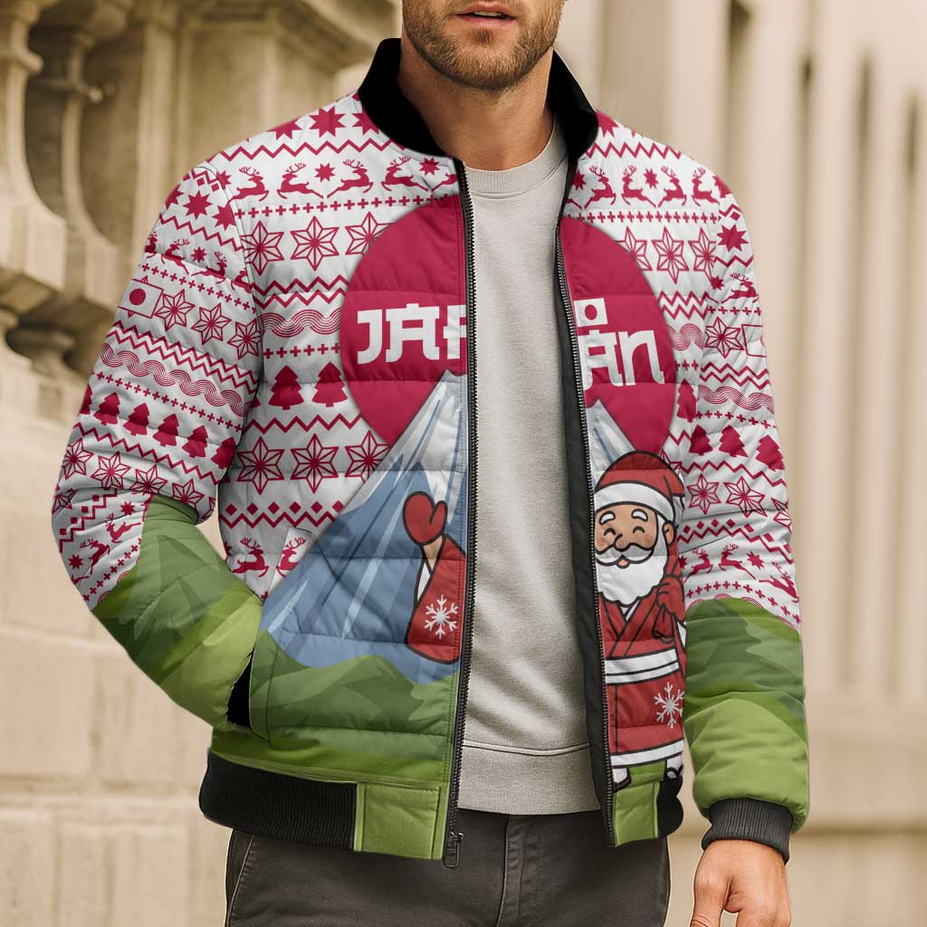 Japan Christmas Bomber Puffer Jacket with Santa Mount Fuji Rising Sun and Festive Pattern Design - Wonder Print Shop