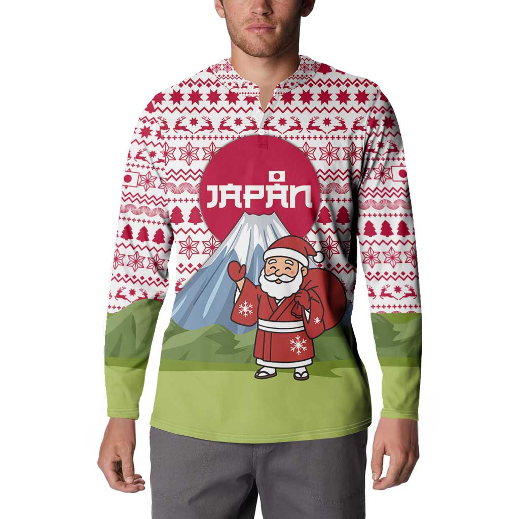 Japan Christmas Button Sweatshirt with Santa Mount Fuji Rising Sun and Festive Pattern Design - Wonder Print Shop