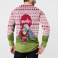 Japan Christmas Button Sweatshirt with Santa Mount Fuji Rising Sun and Festive Pattern Design - Wonder Print Shop