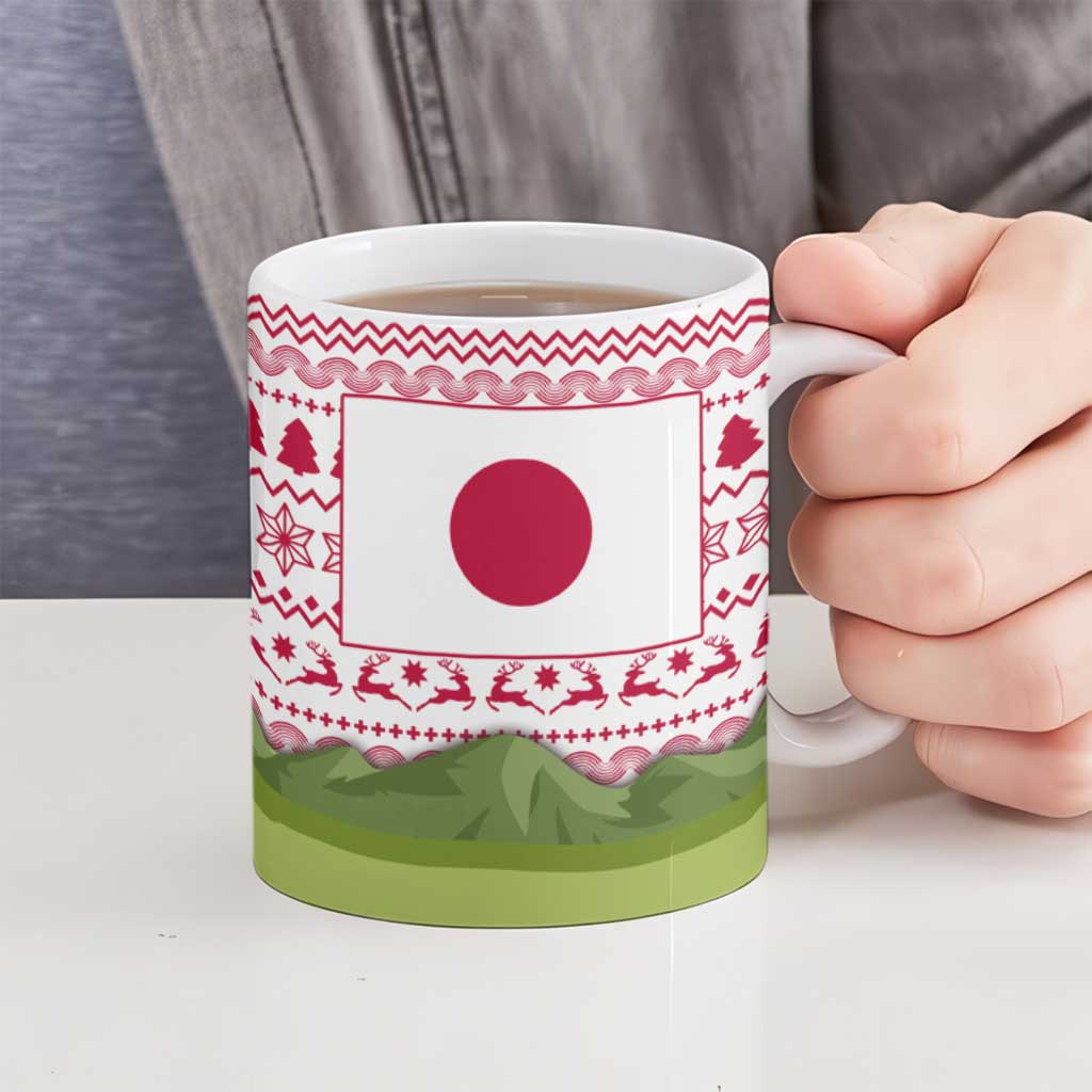 Japan Christmas Ceramic Mug with Santa Mount Fuji Rising Sun and Festive Pattern Design - Wonder Print Shop