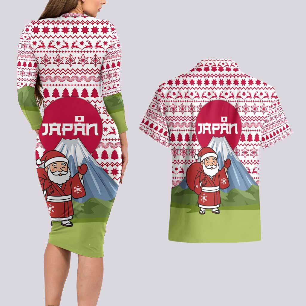 Japan Christmas Couples Matching Long Sleeve Bodycon Dress and Hawaiian Shirt with Santa Mount Fuji Rising Sun and Festive Pattern Design - Wonder Print Shop