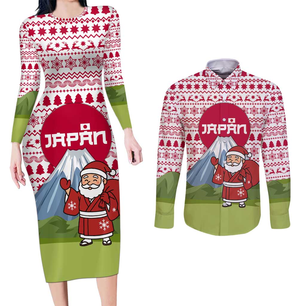Japan Christmas Couples Matching Long Sleeve Bodycon Dress and Long Sleeve Button Shirt with Santa Mount Fuji Rising Sun and Festive Pattern Design - Wonder Print Shop