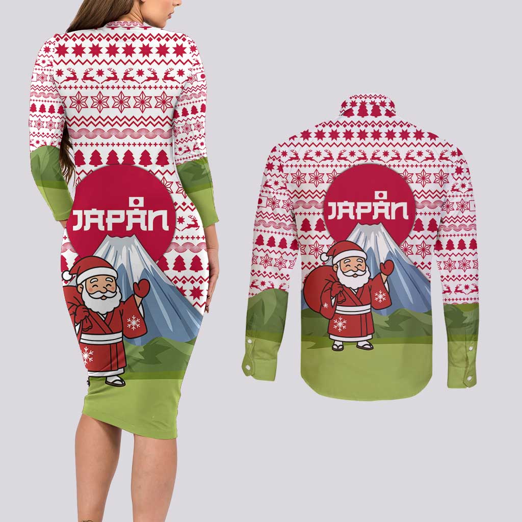 Japan Christmas Couples Matching Long Sleeve Bodycon Dress and Long Sleeve Button Shirt with Santa Mount Fuji Rising Sun and Festive Pattern Design - Wonder Print Shop