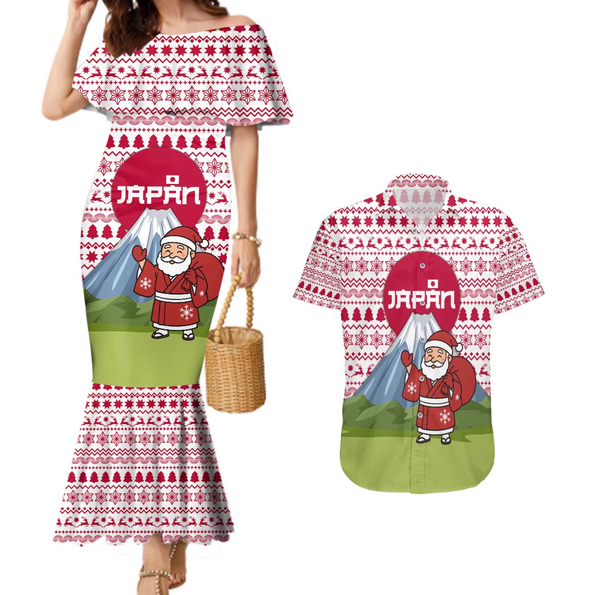 Japan Christmas Couples Matching Mermaid Dress and Hawaiian Shirt with Santa Mount Fuji Rising Sun and Festive Pattern Design - Wonder Print Shop
