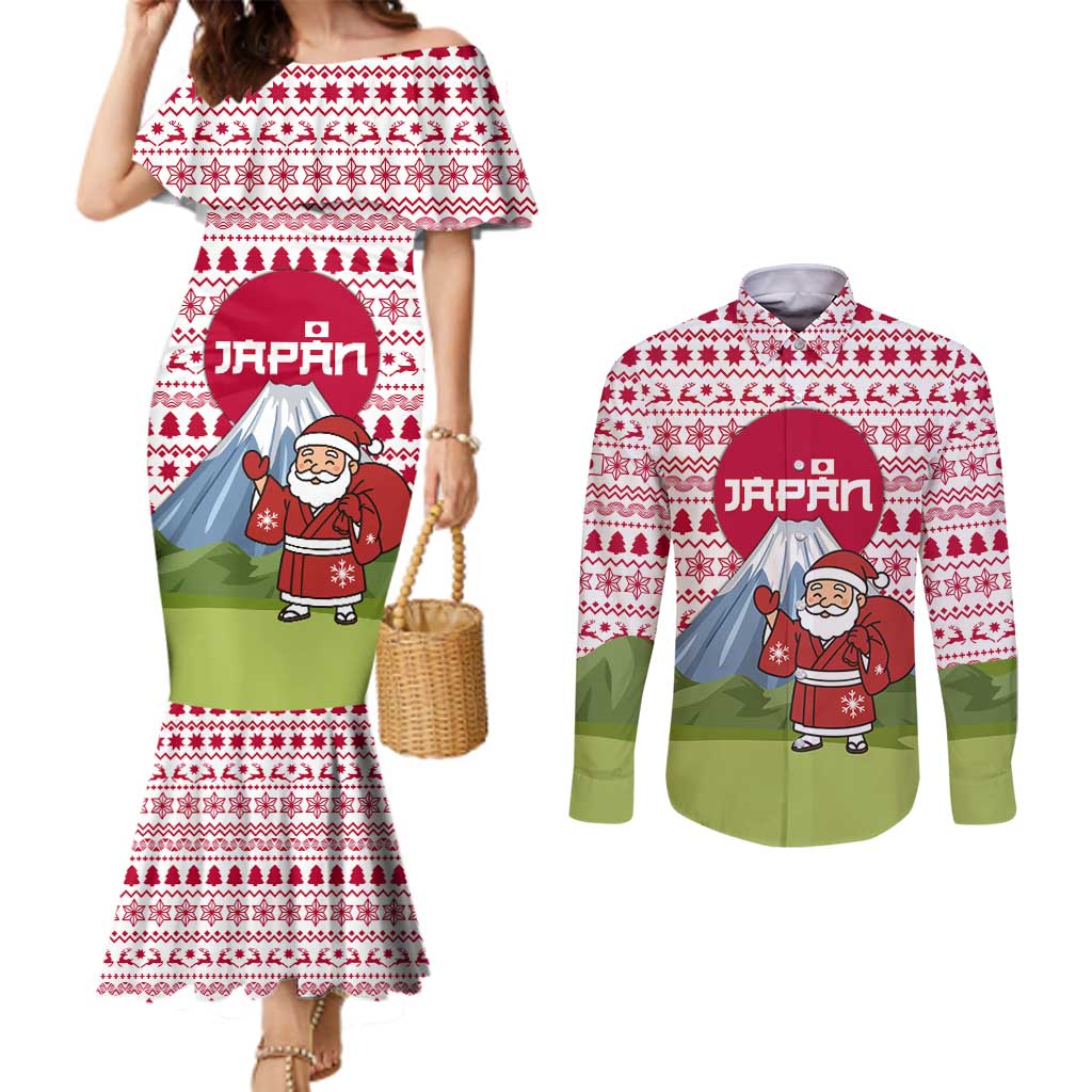 Japan Christmas Couples Matching Mermaid Dress and Long Sleeve Button Shirt with Santa Mount Fuji Rising Sun and Festive Pattern Design - Wonder Print Shop