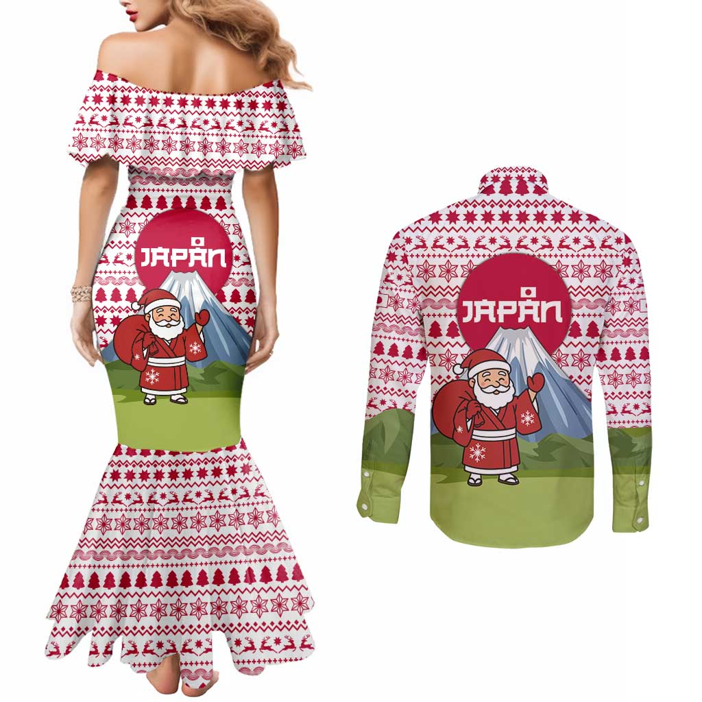 Japan Christmas Couples Matching Mermaid Dress and Long Sleeve Button Shirt with Santa Mount Fuji Rising Sun and Festive Pattern Design - Wonder Print Shop
