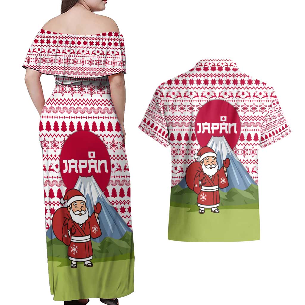 Japan Christmas Couples Matching Off Shoulder Maxi Dress and Hawaiian Shirt with Santa Mount Fuji Rising Sun and Festive Pattern Design - Wonder Print Shop