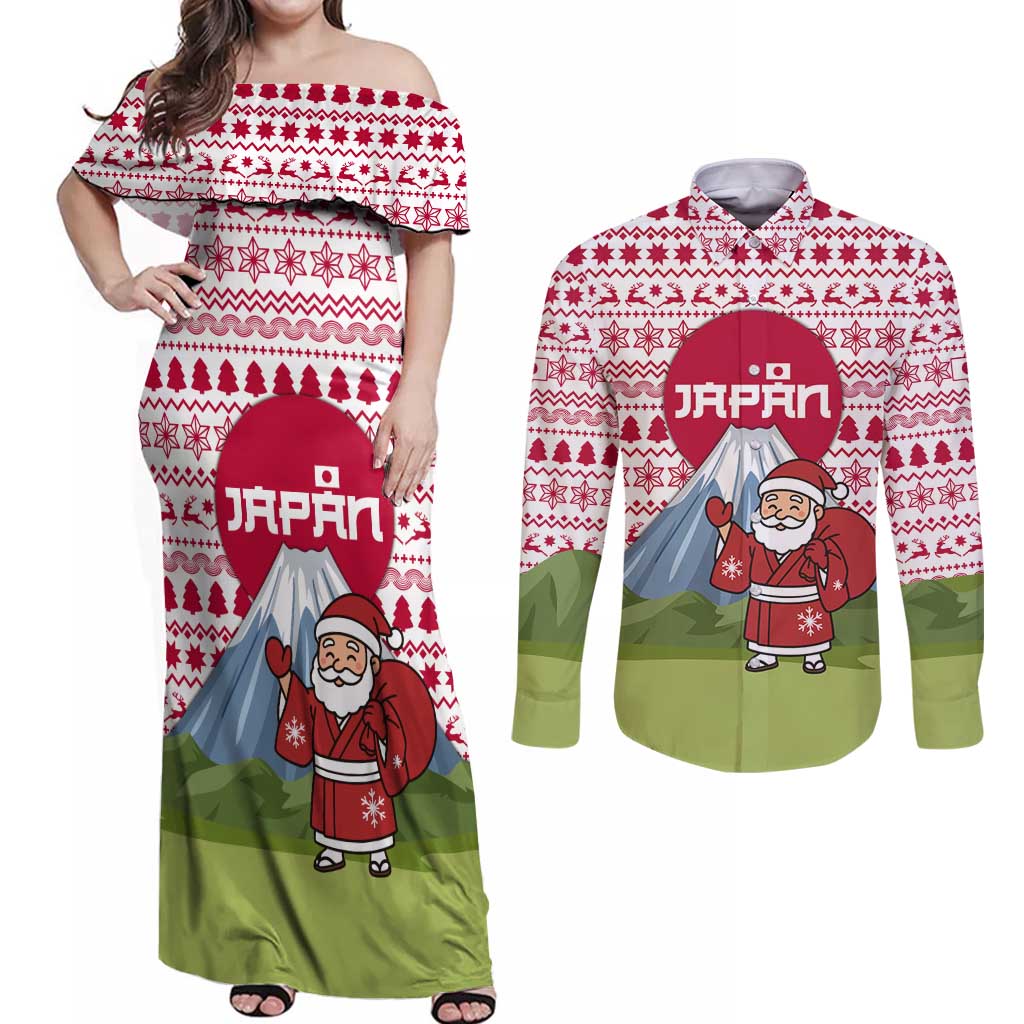 Japan Christmas Couples Matching Off Shoulder Maxi Dress and Long Sleeve Button Shirt with Santa Mount Fuji Rising Sun and Festive Pattern Design - Wonder Print Shop