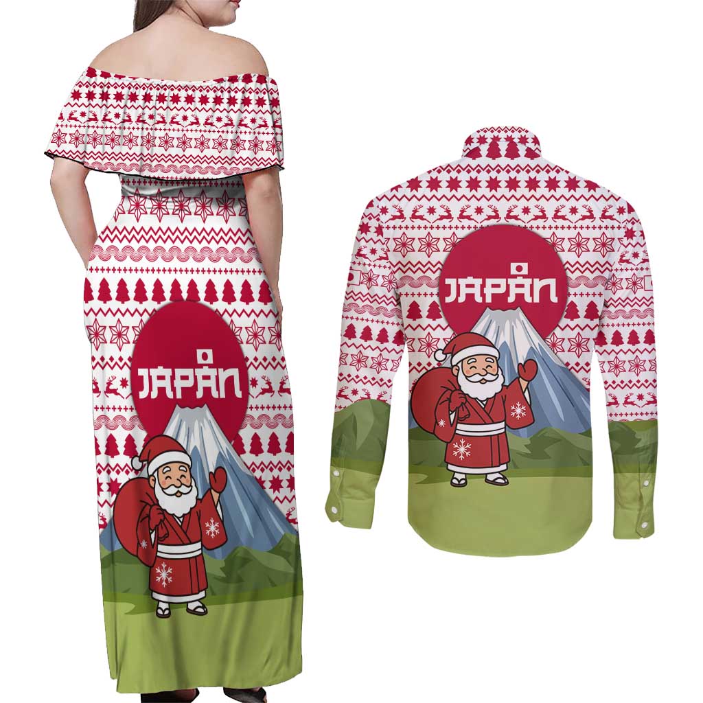 Japan Christmas Couples Matching Off Shoulder Maxi Dress and Long Sleeve Button Shirt with Santa Mount Fuji Rising Sun and Festive Pattern Design - Wonder Print Shop