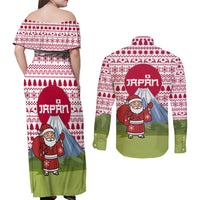 Japan Christmas Couples Matching Off Shoulder Maxi Dress and Long Sleeve Button Shirt with Santa Mount Fuji Rising Sun and Festive Pattern Design - Wonder Print Shop