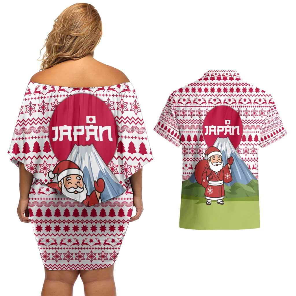 Japan Christmas Couples Matching Off Shoulder Short Dress and Hawaiian Shirt with Santa Mount Fuji Rising Sun and Festive Pattern Design - Wonder Print Shop
