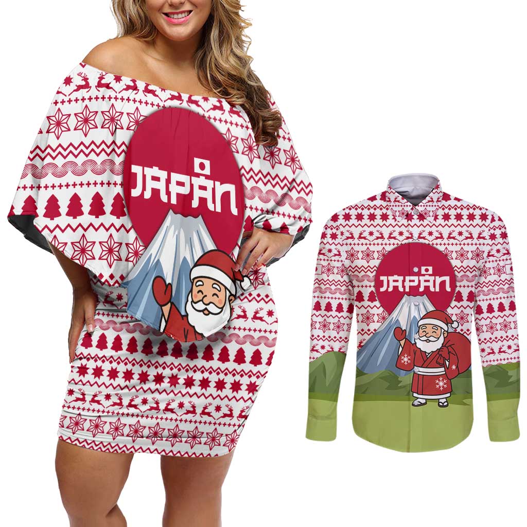 Japan Christmas Couples Matching Off Shoulder Short Dress and Long Sleeve Button Shirt with Santa Mount Fuji Rising Sun and Festive Pattern Design - Wonder Print Shop