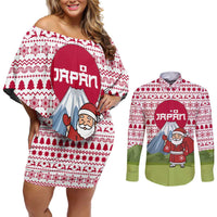 Japan Christmas Couples Matching Off Shoulder Short Dress and Long Sleeve Button Shirt with Santa Mount Fuji Rising Sun and Festive Pattern Design - Wonder Print Shop