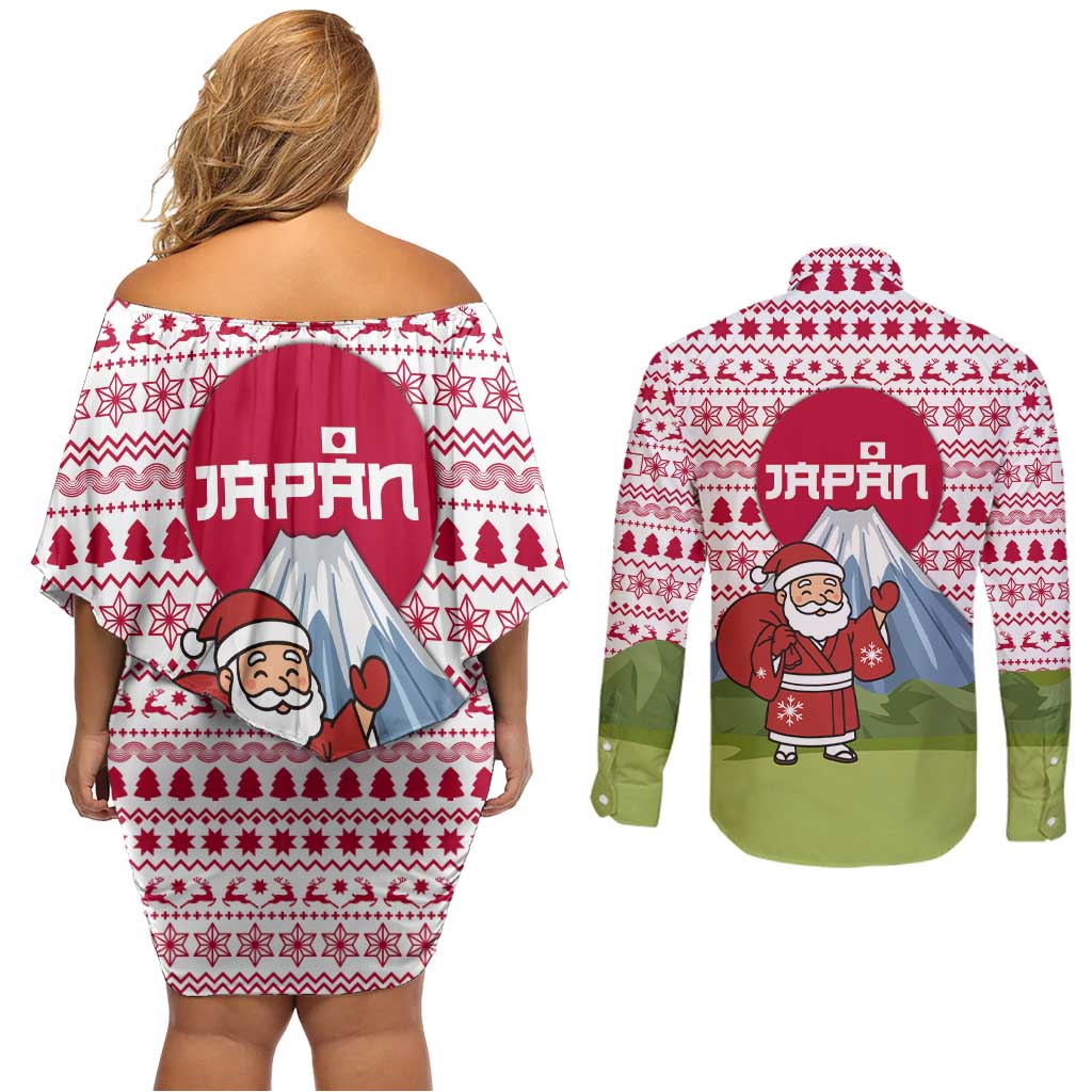 Japan Christmas Couples Matching Off Shoulder Short Dress and Long Sleeve Button Shirt with Santa Mount Fuji Rising Sun and Festive Pattern Design - Wonder Print Shop