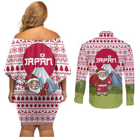 Japan Christmas Couples Matching Off Shoulder Short Dress and Long Sleeve Button Shirt with Santa Mount Fuji Rising Sun and Festive Pattern Design - Wonder Print Shop