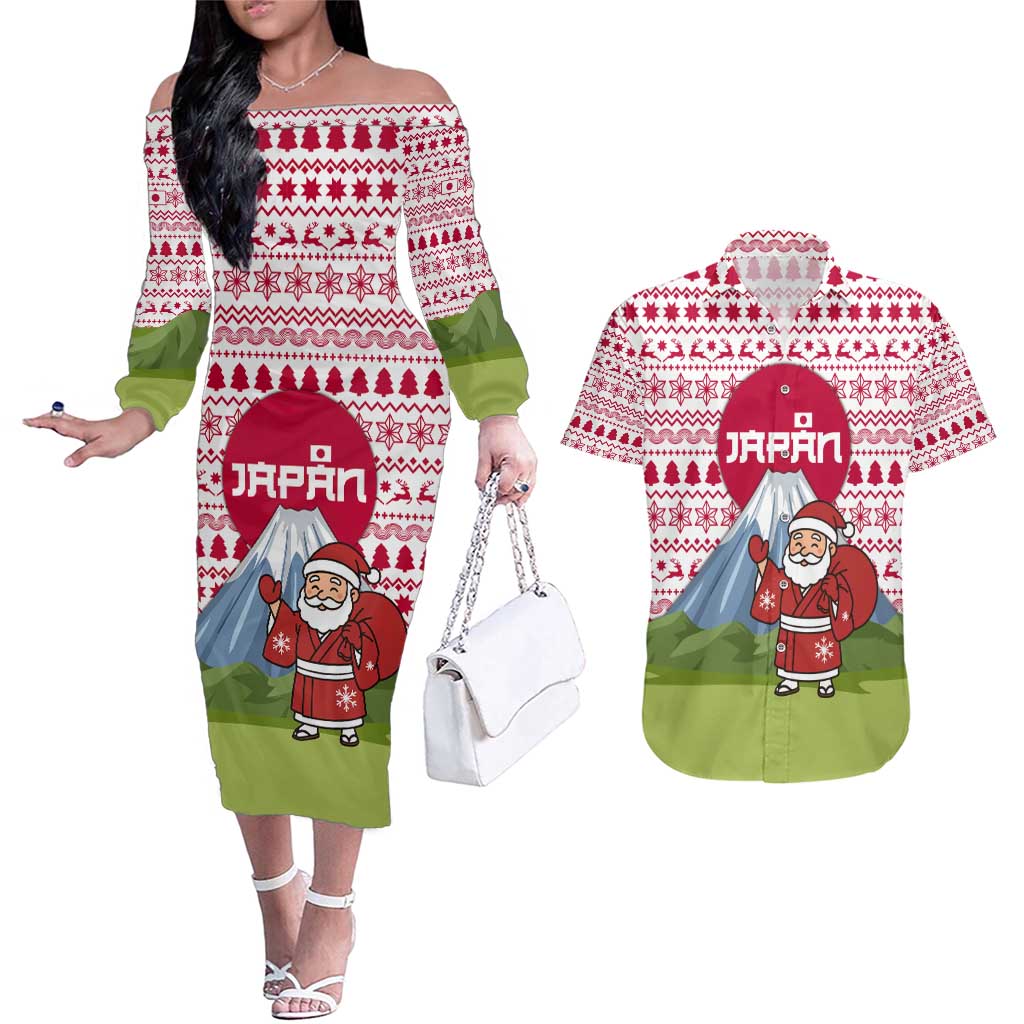 Japan Christmas Couples Matching Off The Shoulder Long Sleeve Dress and Hawaiian Shirt with Santa Mount Fuji Rising Sun and Festive Pattern Design - Wonder Print Shop