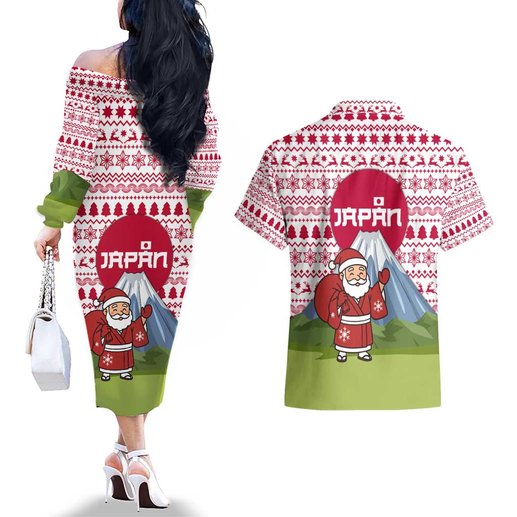 Japan Christmas Couples Matching Off The Shoulder Long Sleeve Dress and Hawaiian Shirt with Santa Mount Fuji Rising Sun and Festive Pattern Design - Wonder Print Shop