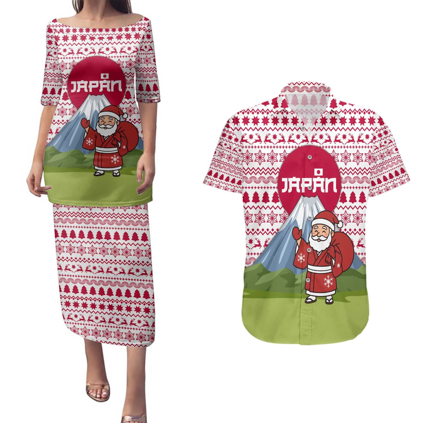 Japan Christmas Couples Matching Puletasi and Hawaiian Shirt with Santa Mount Fuji Rising Sun and Festive Pattern Design - Wonder Print Shop