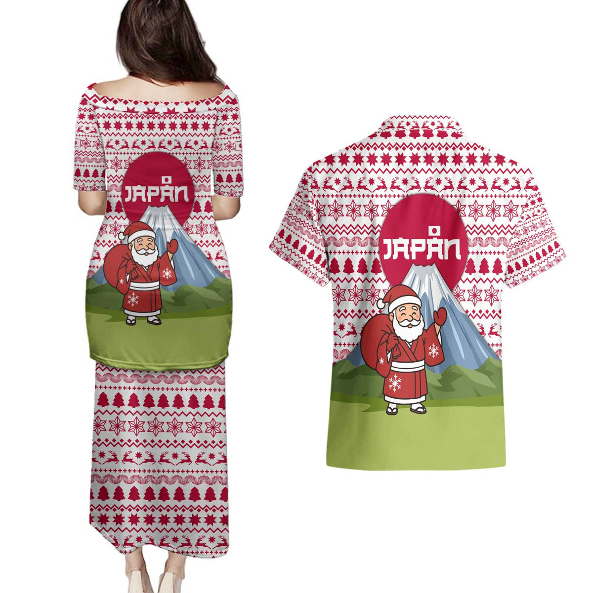 Japan Christmas Couples Matching Puletasi and Hawaiian Shirt with Santa Mount Fuji Rising Sun and Festive Pattern Design - Wonder Print Shop