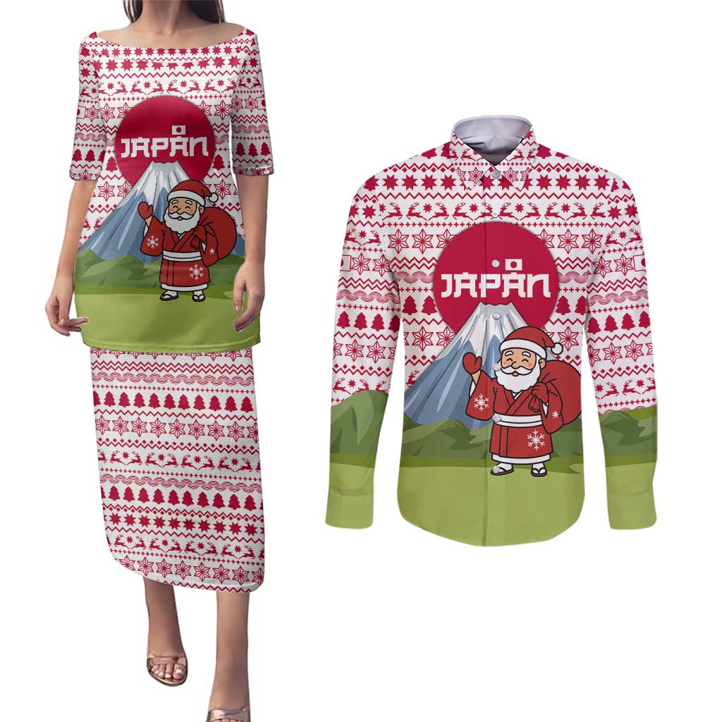 Japan Christmas Couples Matching Puletasi and Long Sleeve Button Shirt with Santa Mount Fuji Rising Sun and Festive Pattern Design - Wonder Print Shop