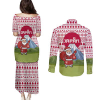 Japan Christmas Couples Matching Puletasi and Long Sleeve Button Shirt with Santa Mount Fuji Rising Sun and Festive Pattern Design - Wonder Print Shop