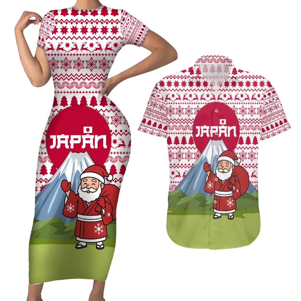 Japan Christmas Couples Matching Short Sleeve Bodycon Dress and Hawaiian Shirt with Santa Mount Fuji Rising Sun and Festive Pattern Design - Wonder Print Shop