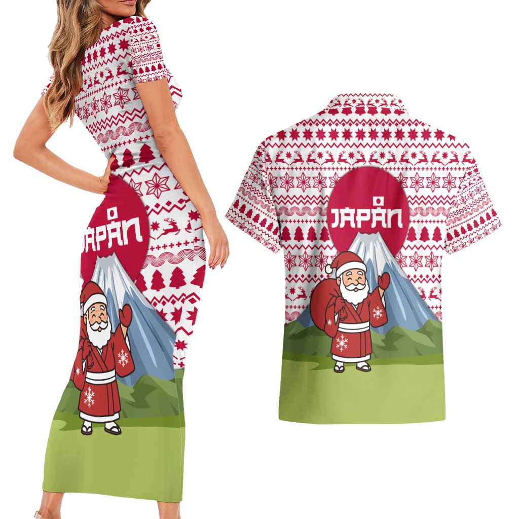 Japan Christmas Couples Matching Short Sleeve Bodycon Dress and Hawaiian Shirt with Santa Mount Fuji Rising Sun and Festive Pattern Design - Wonder Print Shop