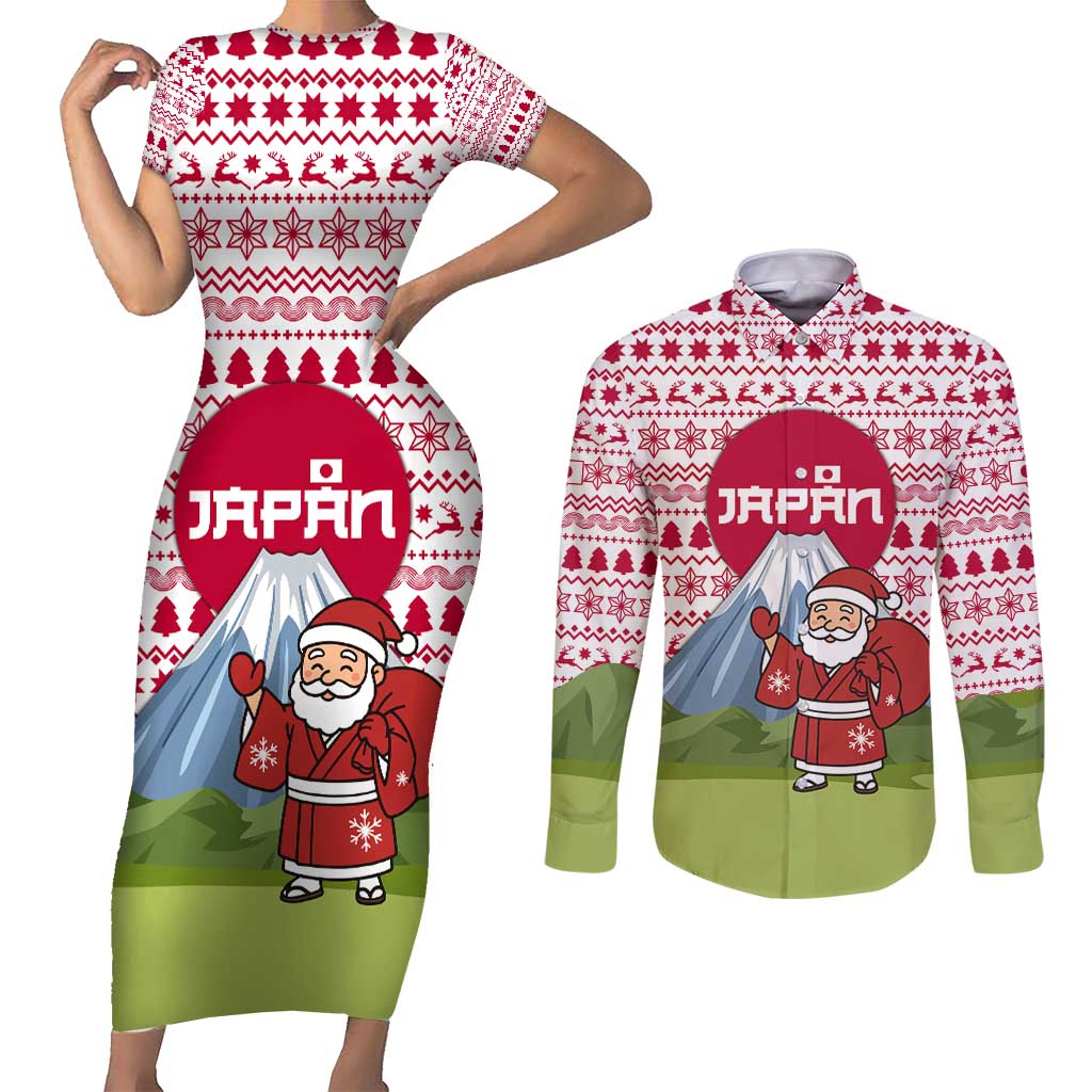 Japan Christmas Couples Matching Short Sleeve Bodycon Dress and Long Sleeve Button Shirt with Santa Mount Fuji Rising Sun and Festive Pattern Design - Wonder Print Shop